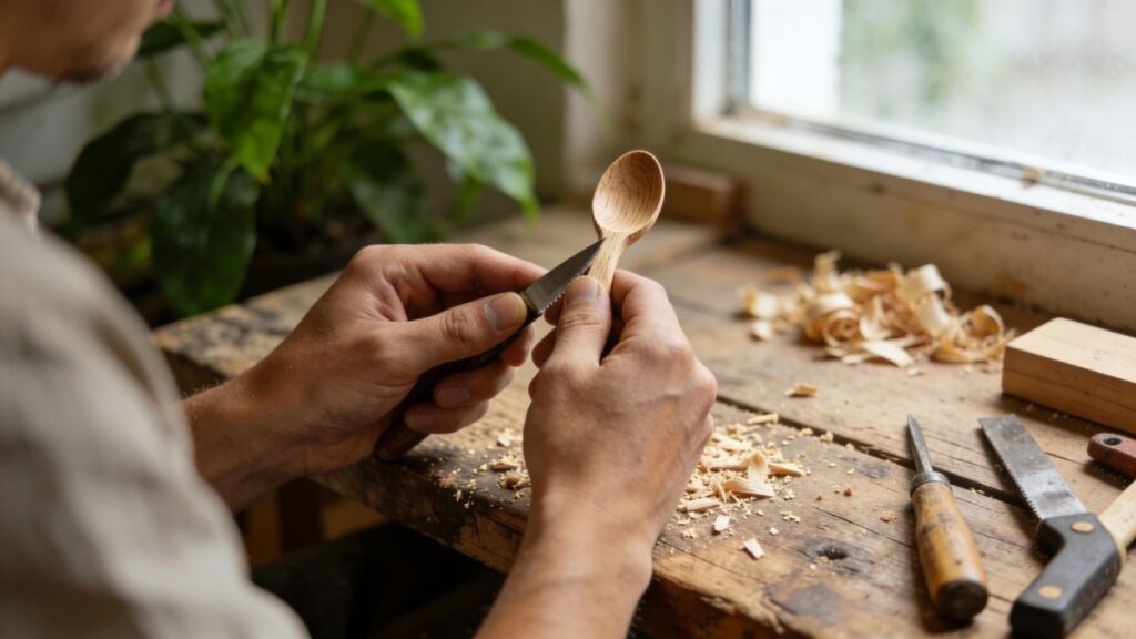 Beginner doing woodworking therapy project with simple hand tools