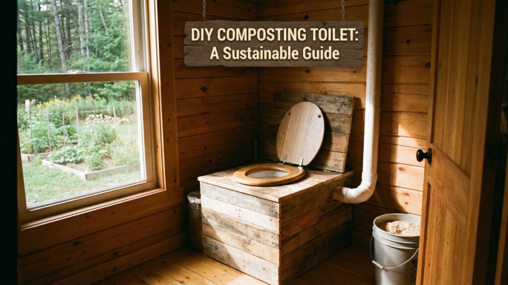 DIY composting toilet wooden box with bucket and toilet seat for off-grid living