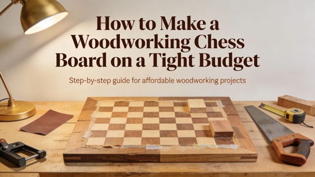 Beginner woodworking chess board made with maple and pine wood strips showing alternating squares pattern