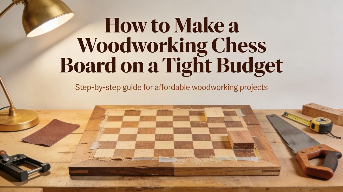 Beginner woodworking chess board made with maple and pine wood strips showing alternating squares pattern