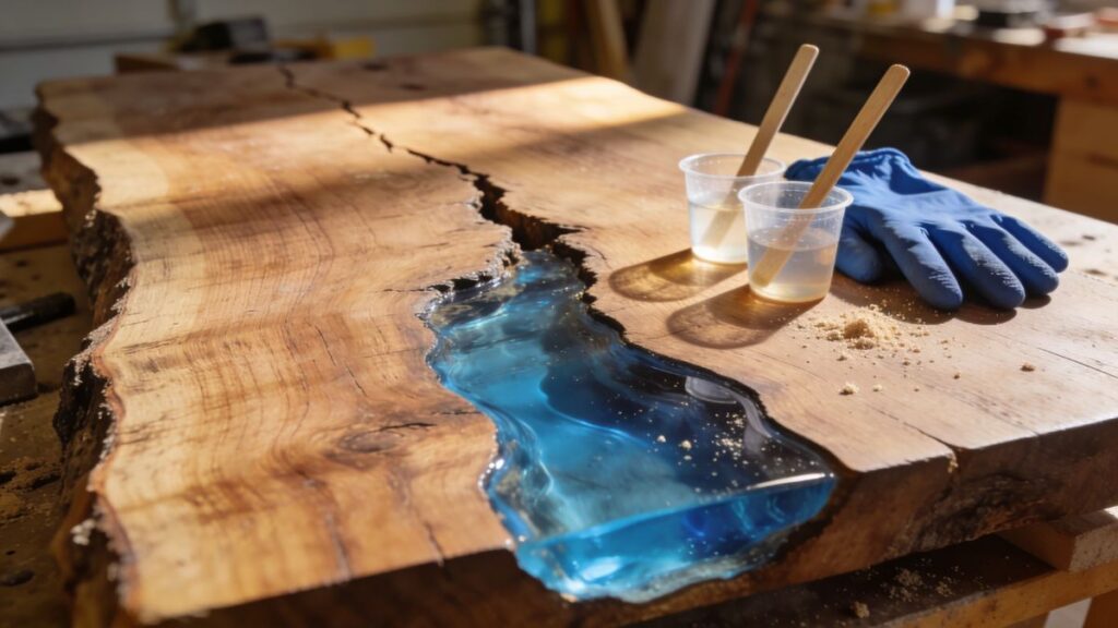 woodworking epoxy resin beginner guide showing resin filled wood crack on rustic workbench