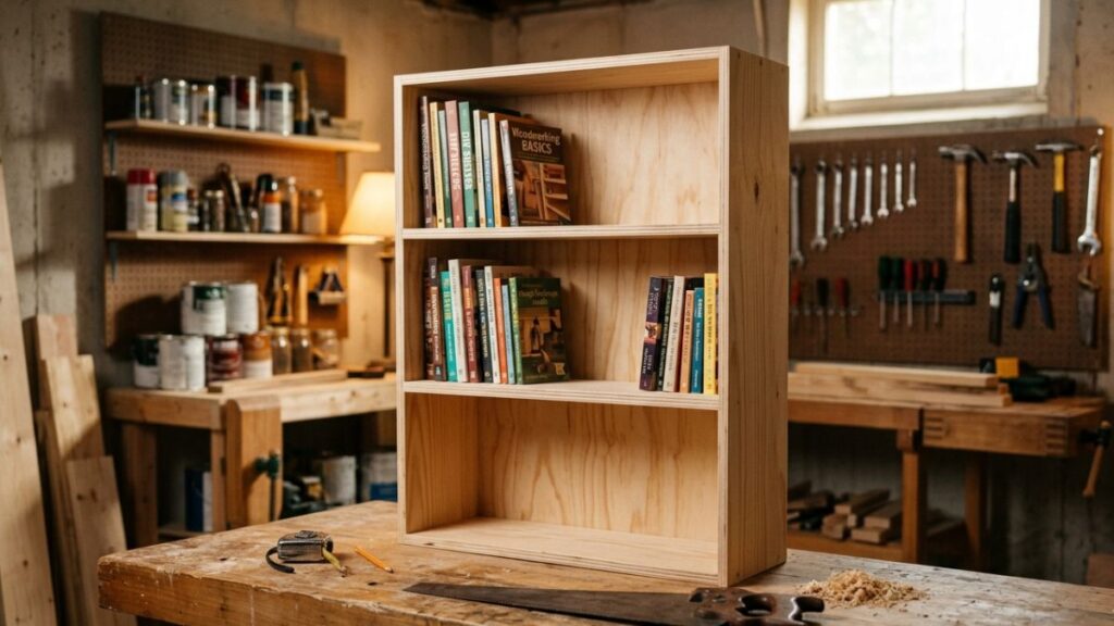 A simple 3-shelf wooden bookcase built on a budget on a workshop table, using bookcase woodworking plans.