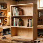 A simple 3-shelf wooden bookcase built on a budget on a workshop table, using bookcase woodworking plans.