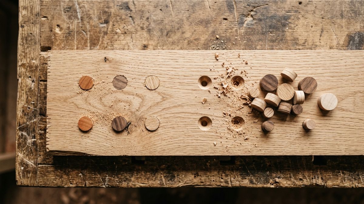 woodworking plugs different sizes placed near screw holes in oak wood plank on rustic workbench