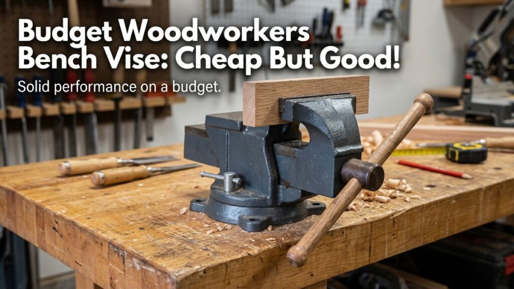 Simple woodworkers bench vise attached to wooden workbench in home workshop