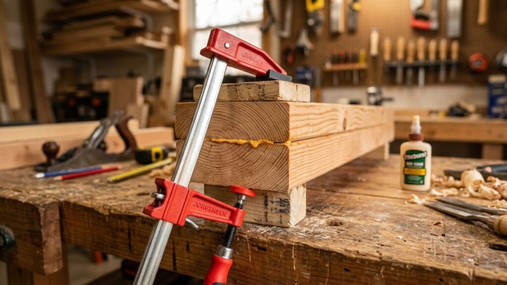 Close up of f clamps for woodworking holding two wood boards together in a home garage