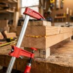 Close up of f clamps for woodworking holding two wood boards together in a home garage