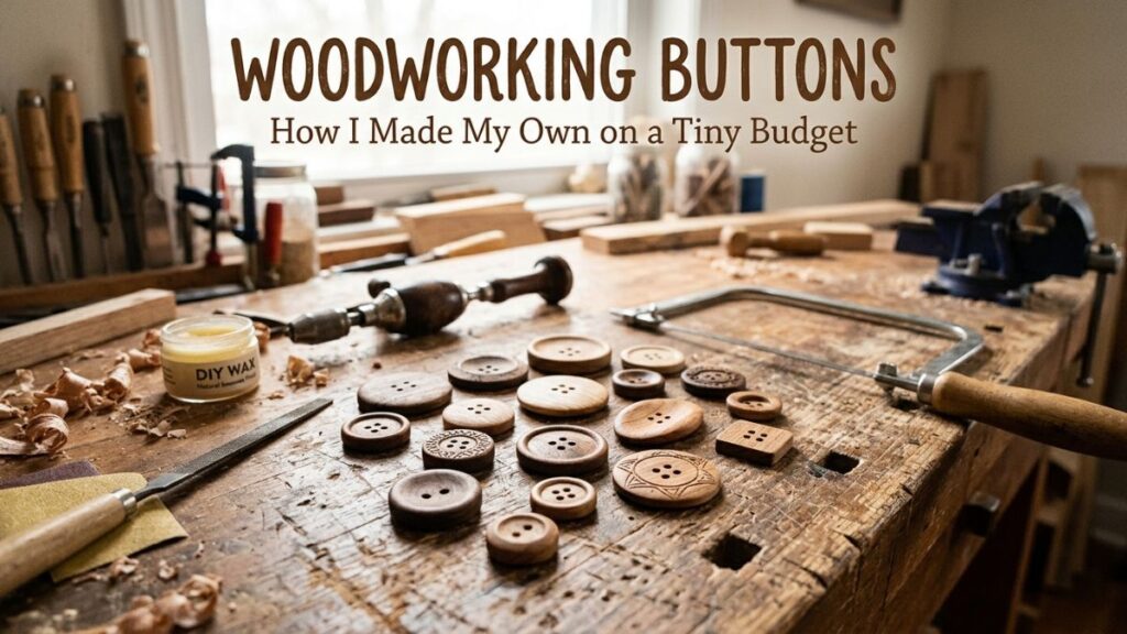 homemade woodworking buttons cut from a wood dowel with drilled thread holes