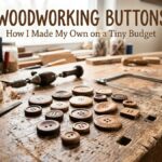 homemade woodworking buttons cut from a wood dowel with drilled thread holes