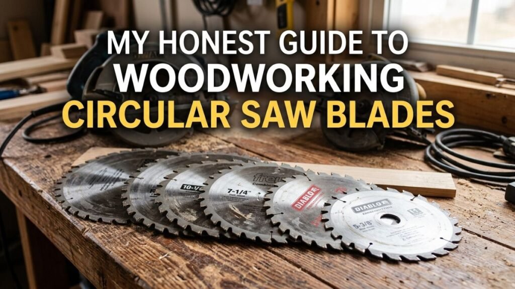 carbide tipped woodworking circular saw blades kept on wooden workbench