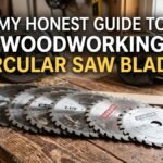 carbide tipped woodworking circular saw blades kept on wooden workbench